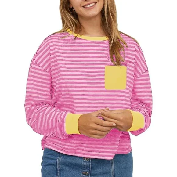 Plus Size Cozy Crewneck Long Sleeve Striped T-Shirt with Pocket for Women - Picture 2 of 5